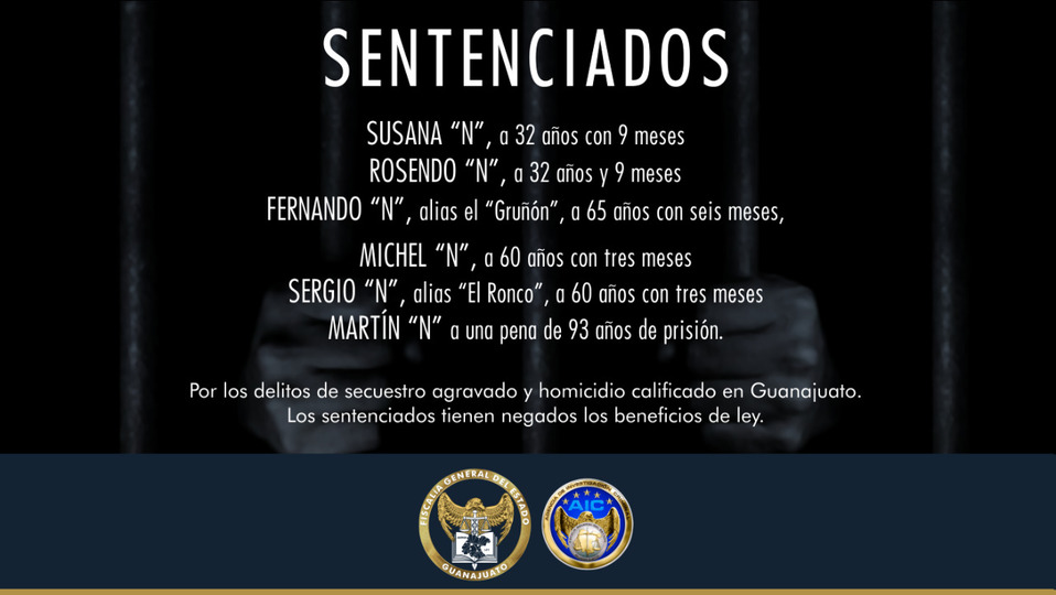 En Valle de Santiago, sentencian de 32 a 93 años de cárcel a 6 miembros de célula delictiva.