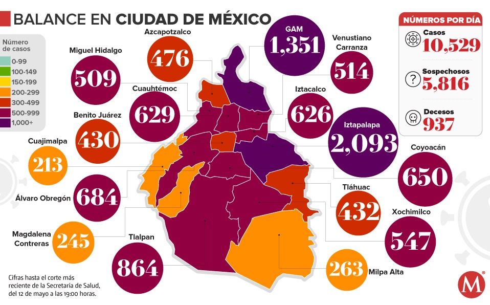Mapa de casos de coronavirus en la CdMx al 12 de mayo.