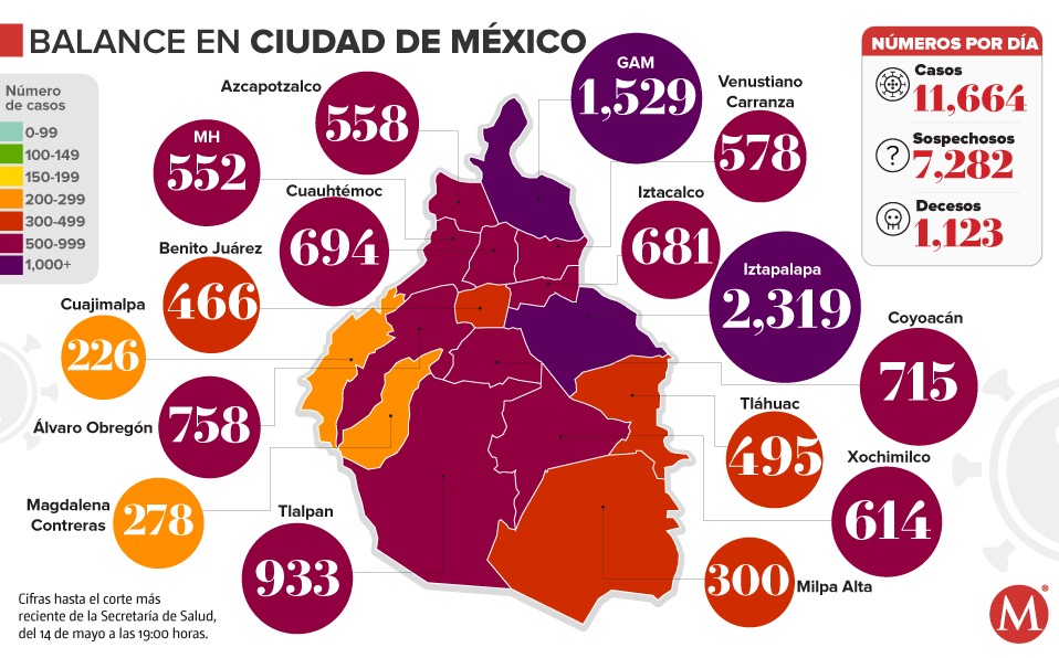 Mapa del coronavirus en la CdMx al corte del 14 de mayo.