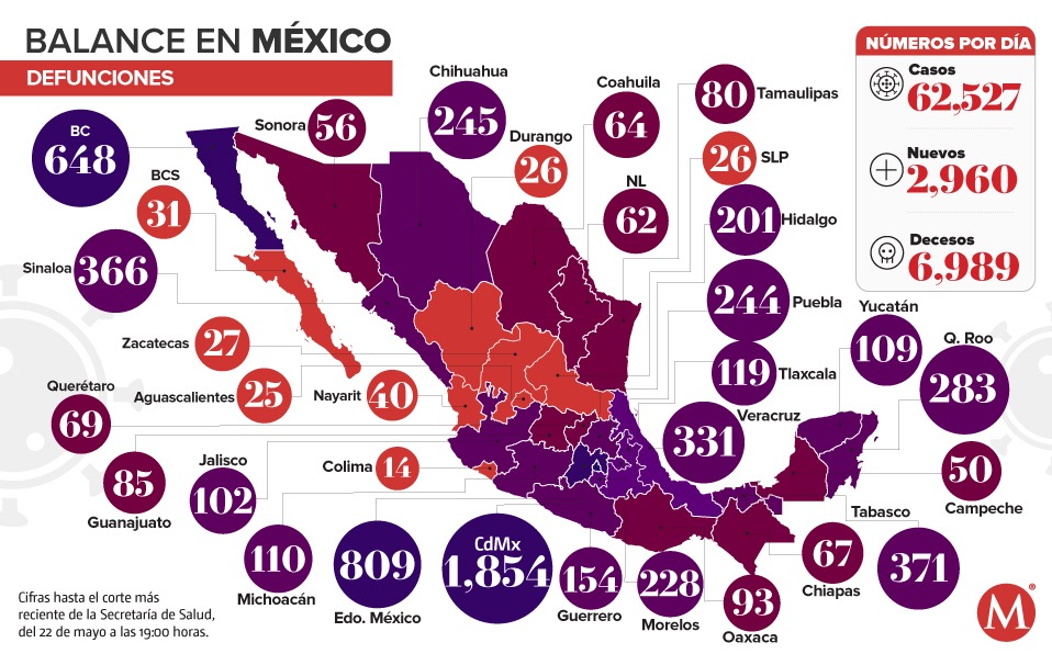 Defunciones por coronavirus en México al 22 de mayo 2020. (Especial)