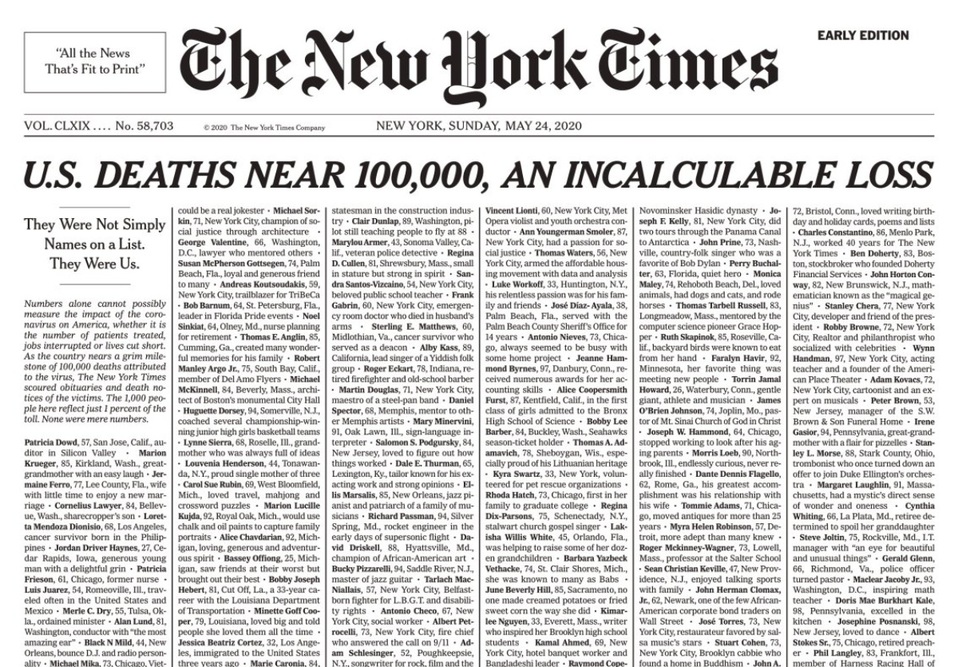 La portada del periódico The New York Times con la que homenajea a quienes murieron por covid-19 en EU. (New York Times)