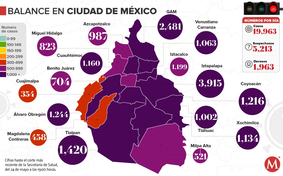 Mapa del coronavirus de la CdMx al 24 de mayo.
