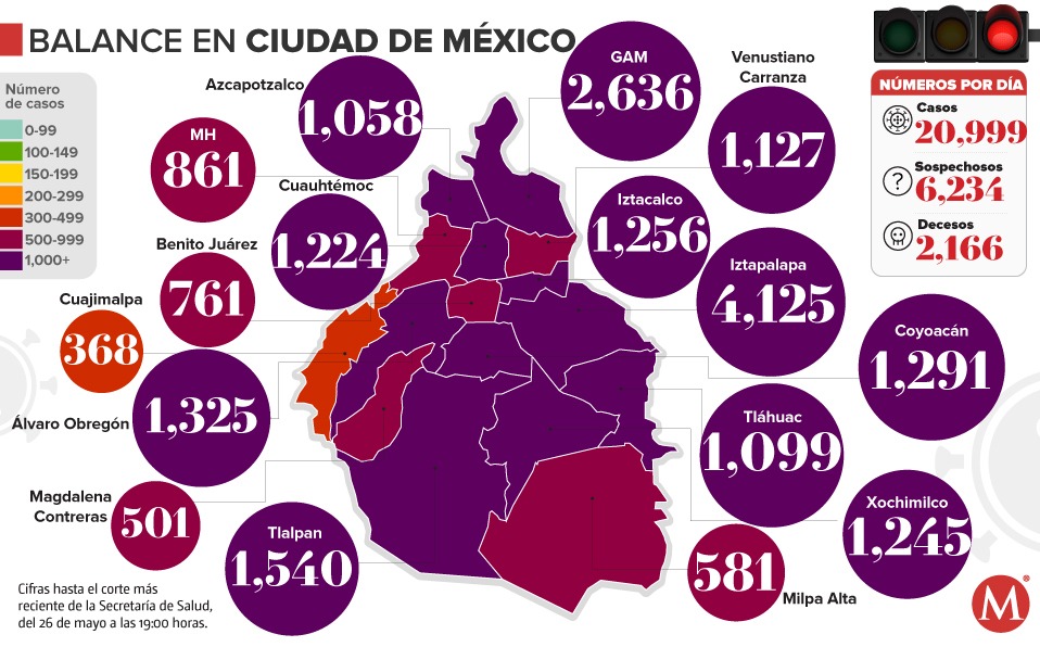 Mapa de casos de coronavirus en la CdMx al 26 de mayo.
