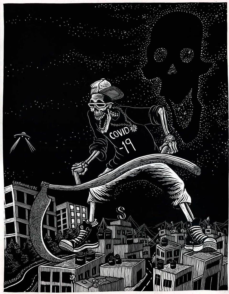 La muerte con su guadaña desbroza vidas en el mundo. Dibujo en Scratch Board, 2020.