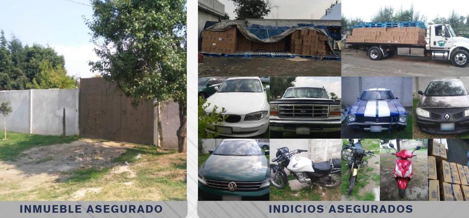 Tras cateo en Chiautzingo, Fiscalía recupera 1,500 cajas de productos robados y vehículos. (Especial)