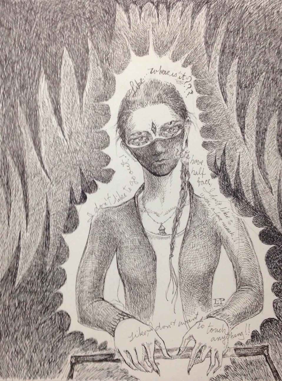 I do not like to go out (no me gusta salir). Dibujo a tinta plumón sobre papel. 28 x 21.5 cm, 2020.