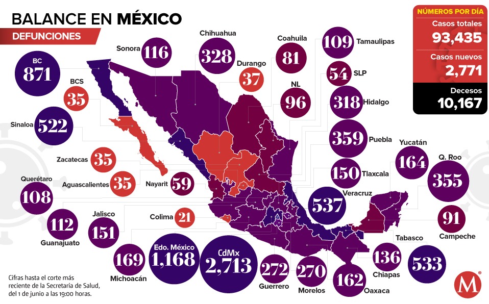 Mapa de defunciones por coronavirus en México al 1 de junio de 2020.