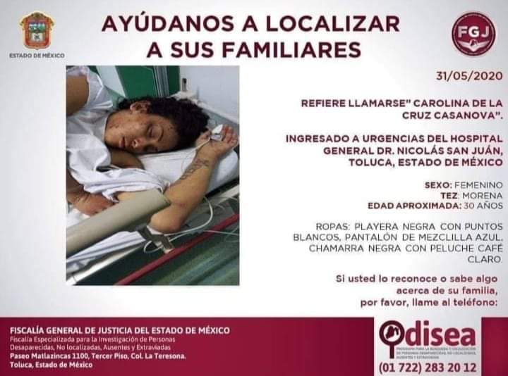Después de recibir atención médica dijo llamarse Carolina de la Cruz Casanova. (Especial)