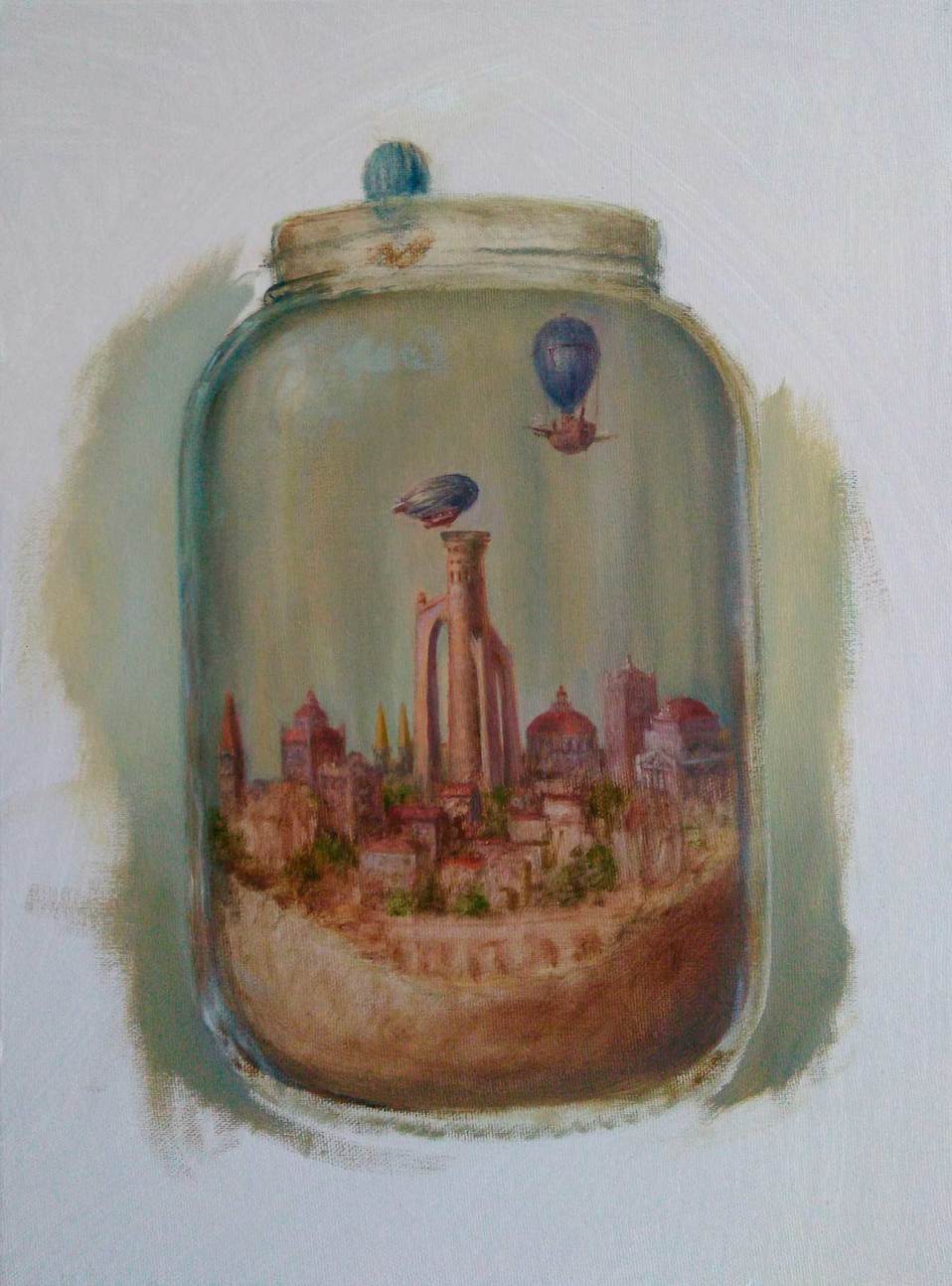 Ciudad frasco. Óleo sobre tela, 40 x 30 cm, 2020.