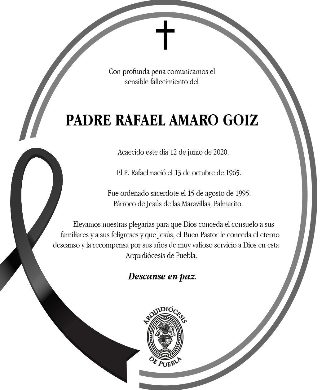Comunicado de la Arquidocesis de Puebla sobre el fallecimiento del sacerdote Rafael Amaro Goiz. (Especial)