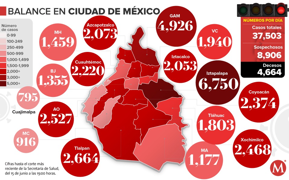 Mapa de coronavirus de la CdMx al 15 de junio.