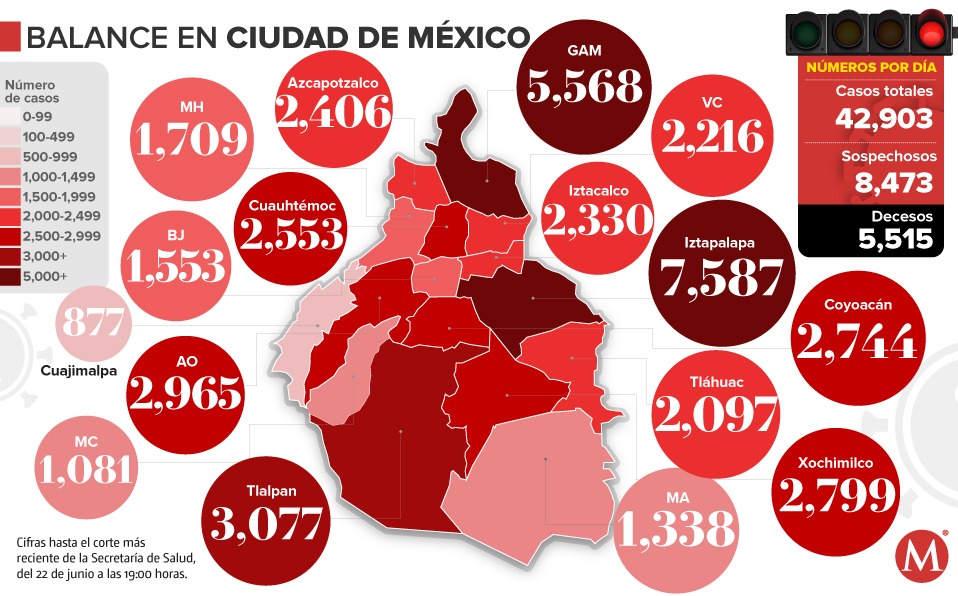 Mapa del coronavirus en la CdMx al 22 de junio.
