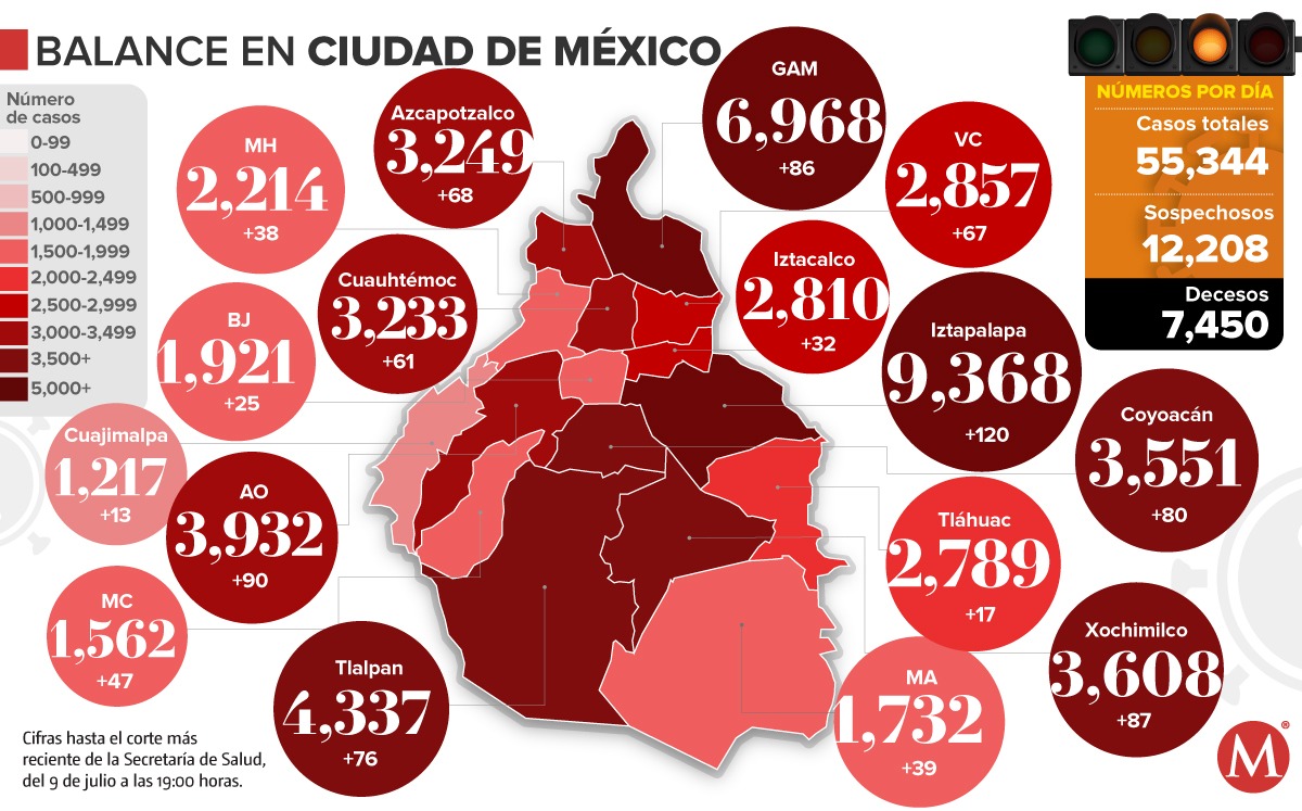 Mapa de coronavirus en la CdMx al 9 de julio.