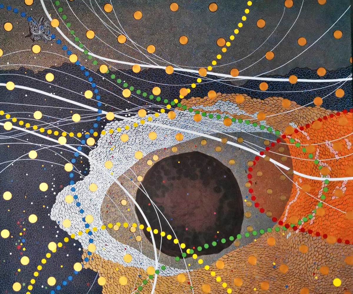 Diez veces cuatro. Acrílico, óleo y hoja de oro sobre lienzo, 125 x 150 cm, 2020.