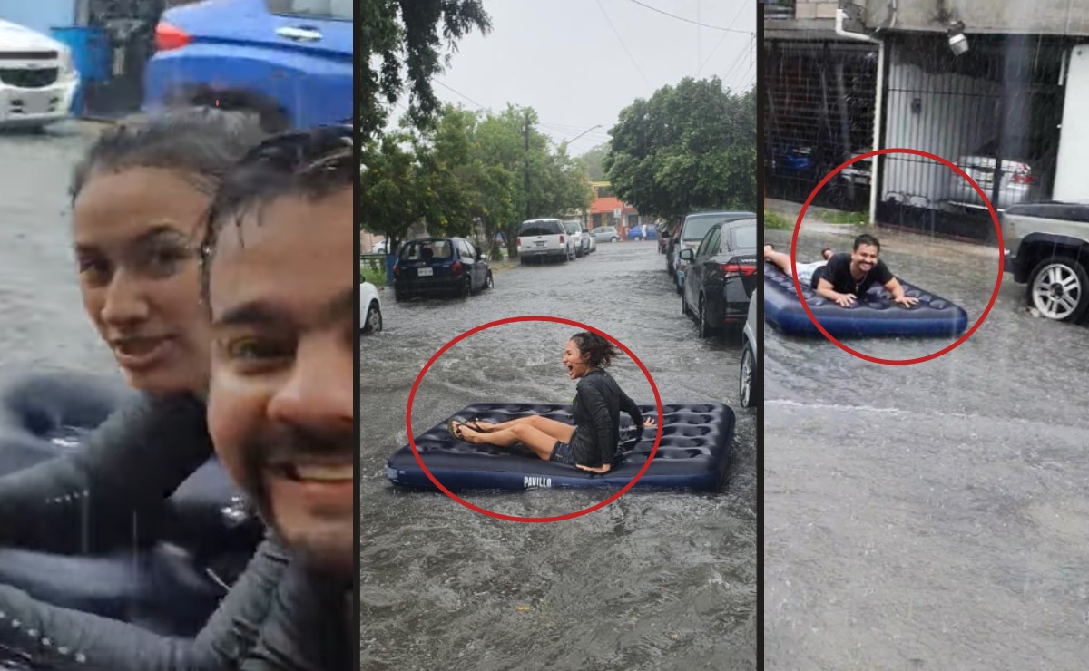 Pareja pasea en Nuevo León en plena inundación. (Facebook)