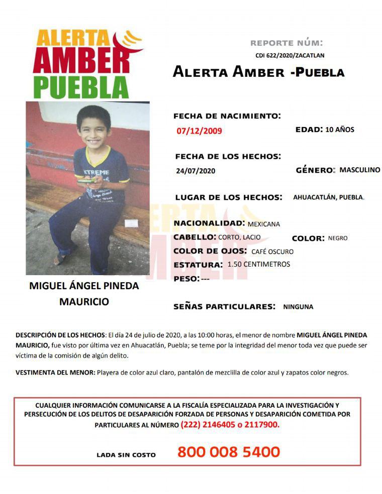 La FGE activó Alerta Amber para localizar a Miguel Ángel Pineda Mauricio de 10 años de edad.