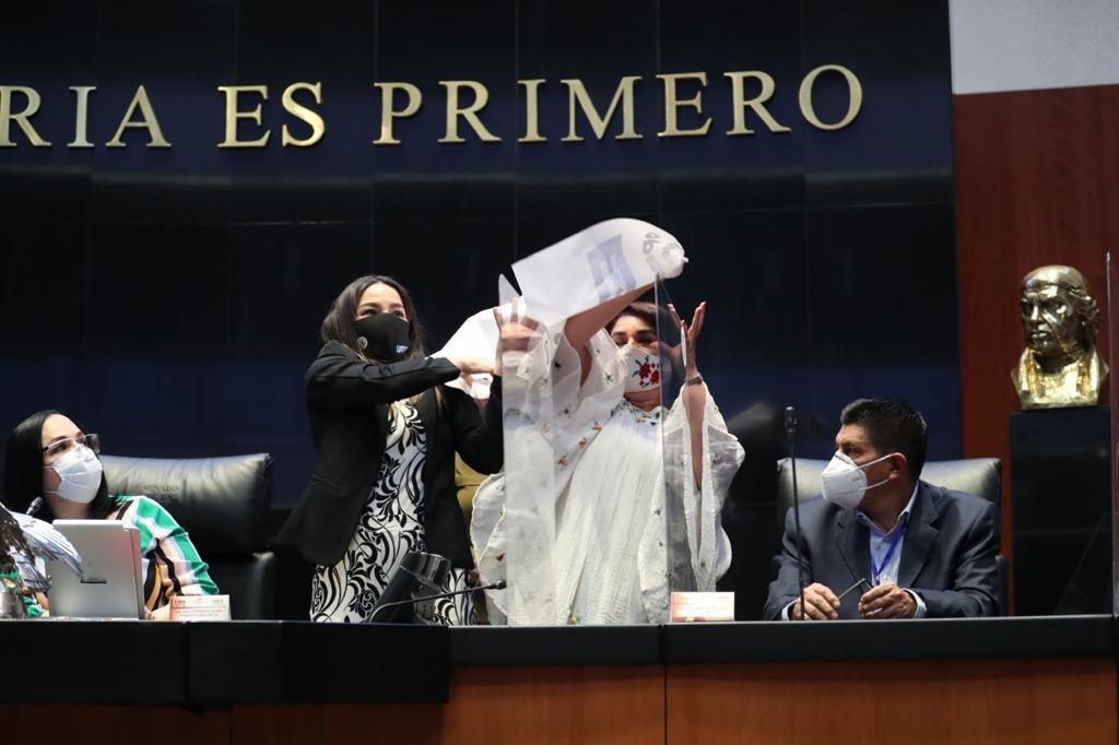 Martha Marquéz ocupa mostró el cartel en el Pleno. | Captura video