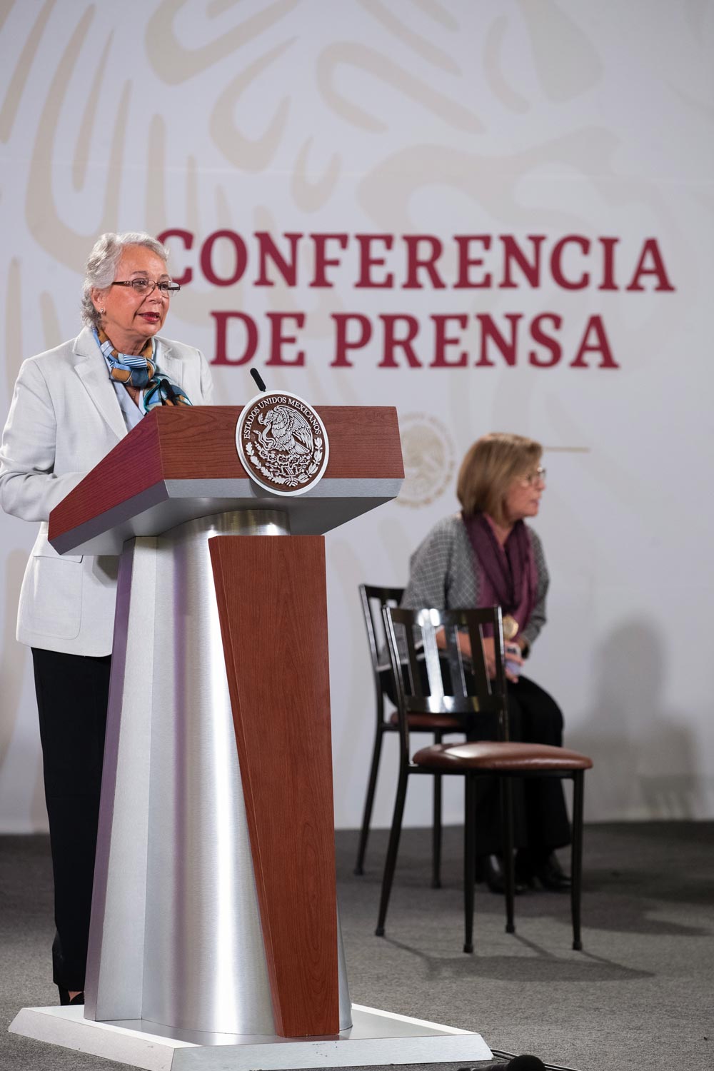 La secretaria de Gobernación, Olga Sánchez Cordero, en conferencia mañanera. (Gobierno de México)