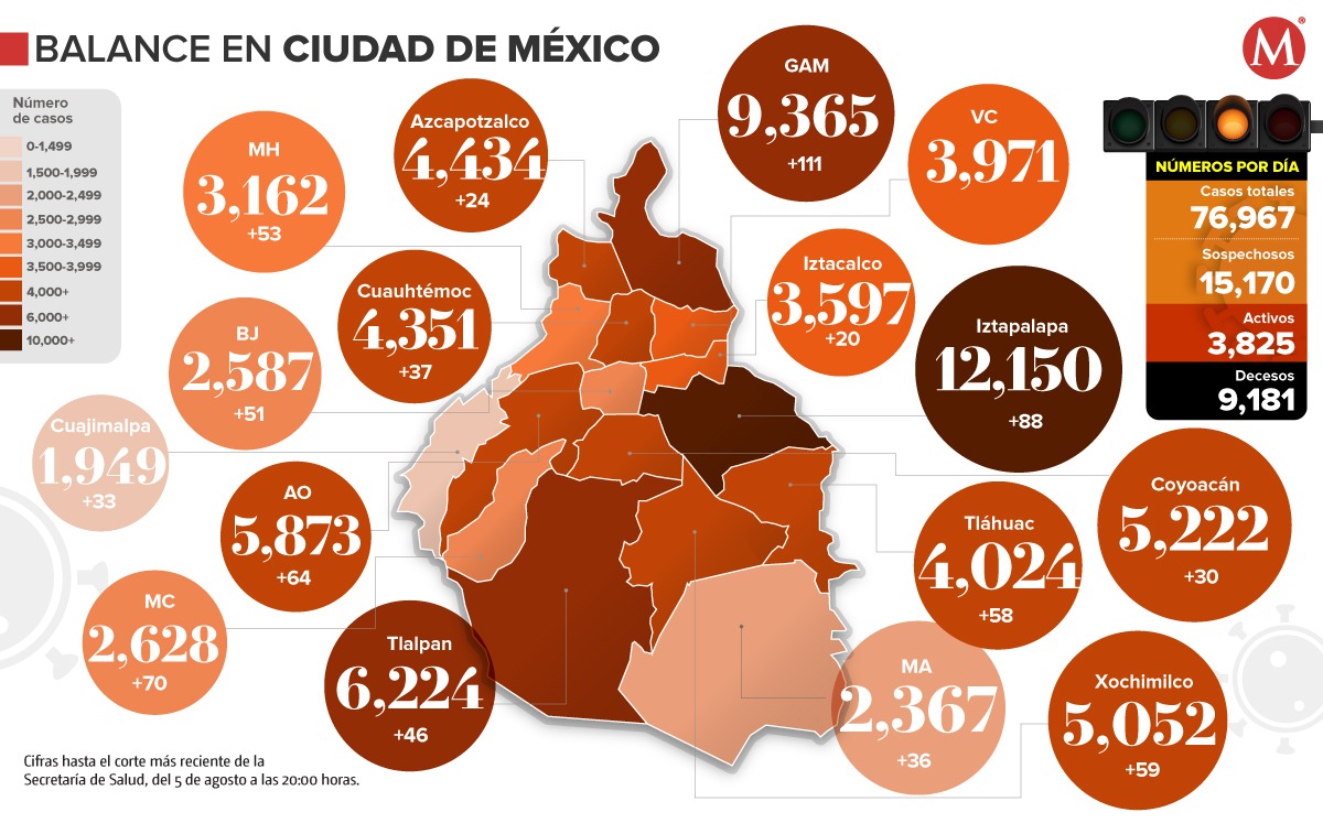 Mapa covid de CdMx al 5 de agosto.