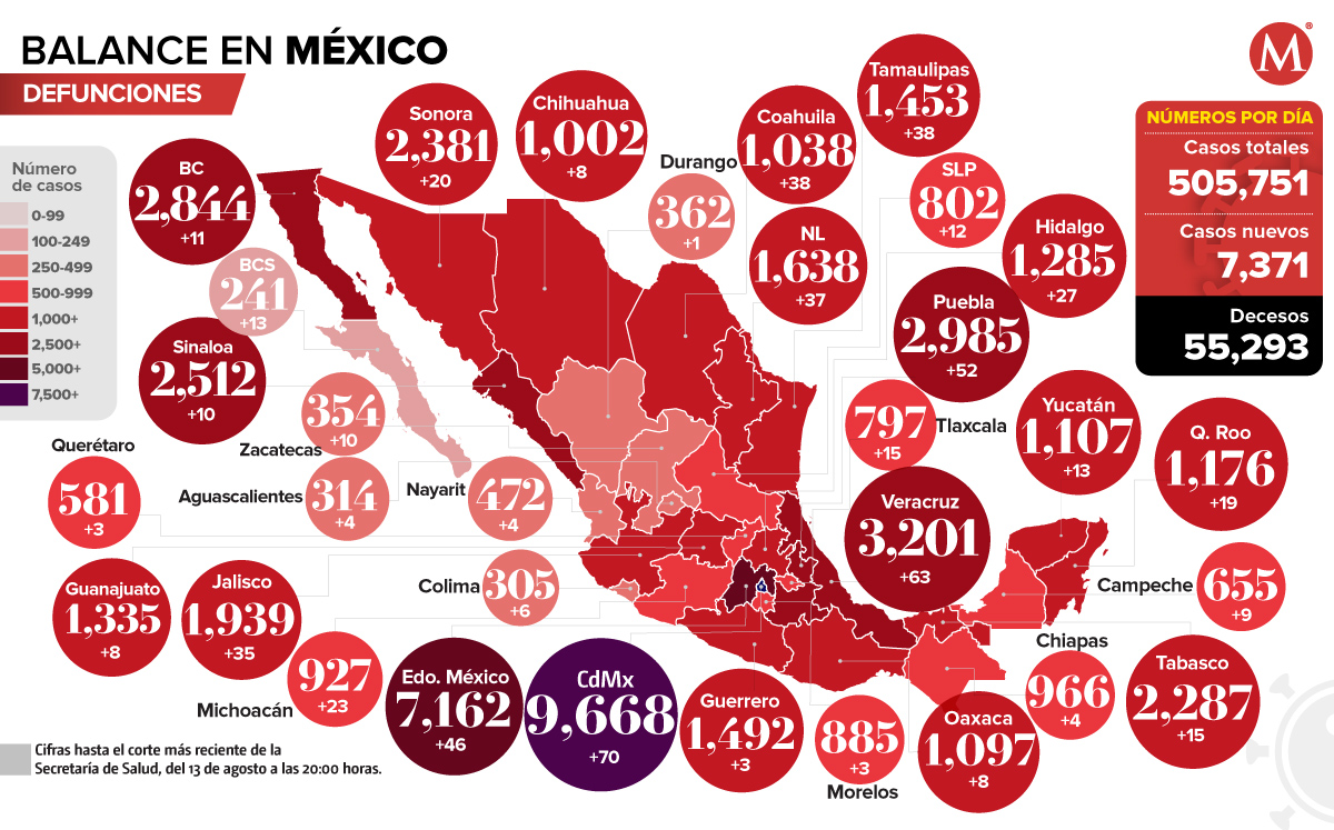 Mapa de defunciones por coornavirus en México al 13 de agosto de 2020.