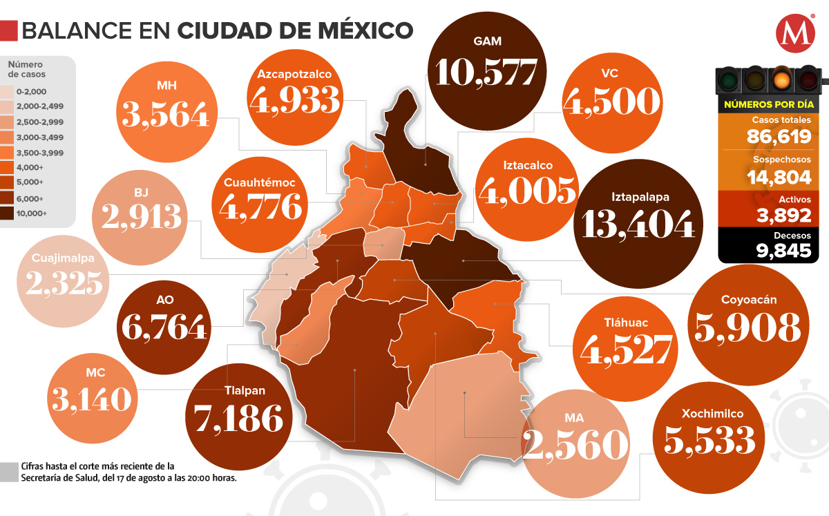 Mapa de casos de coronavirus en la CdMx al 17 de agosto.