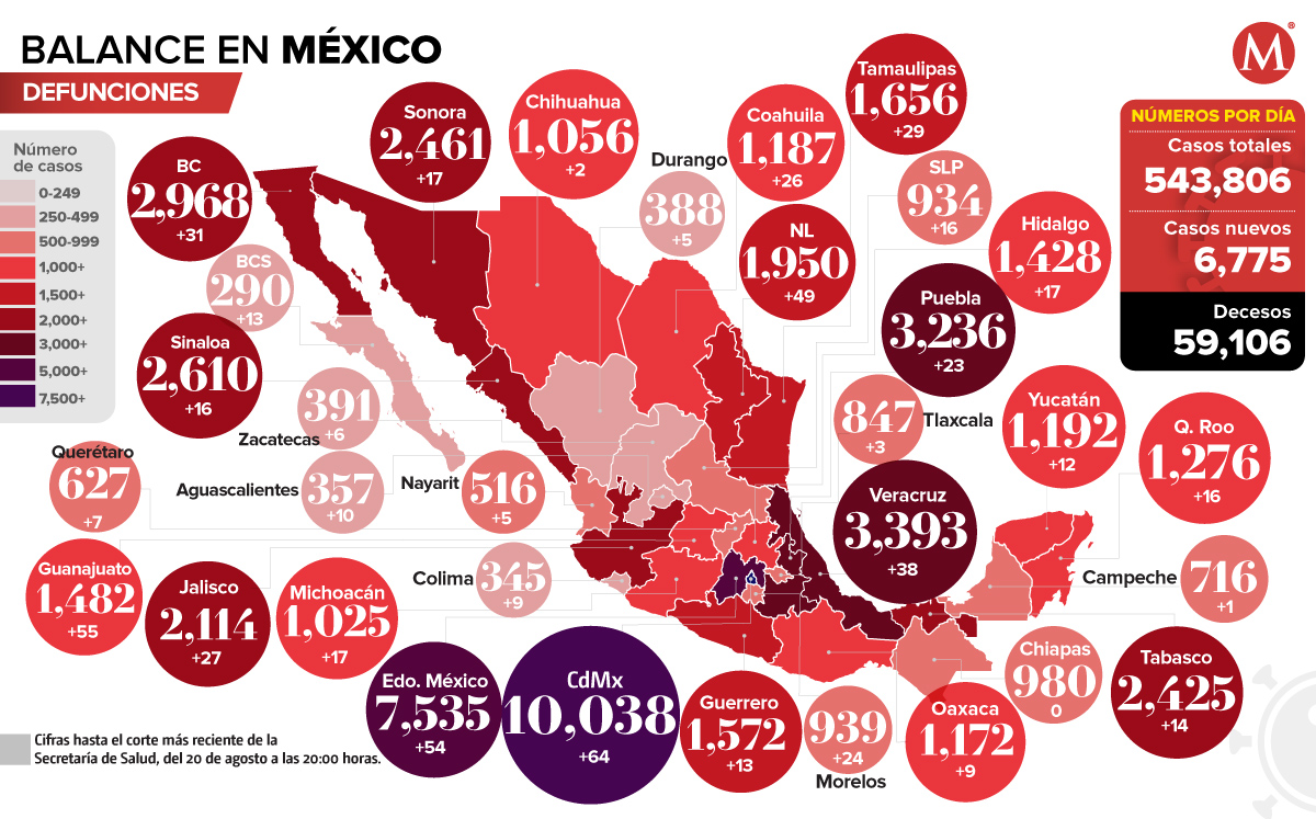 Mapa de defunciones por coronavirus al 20 de agosto de 2020.