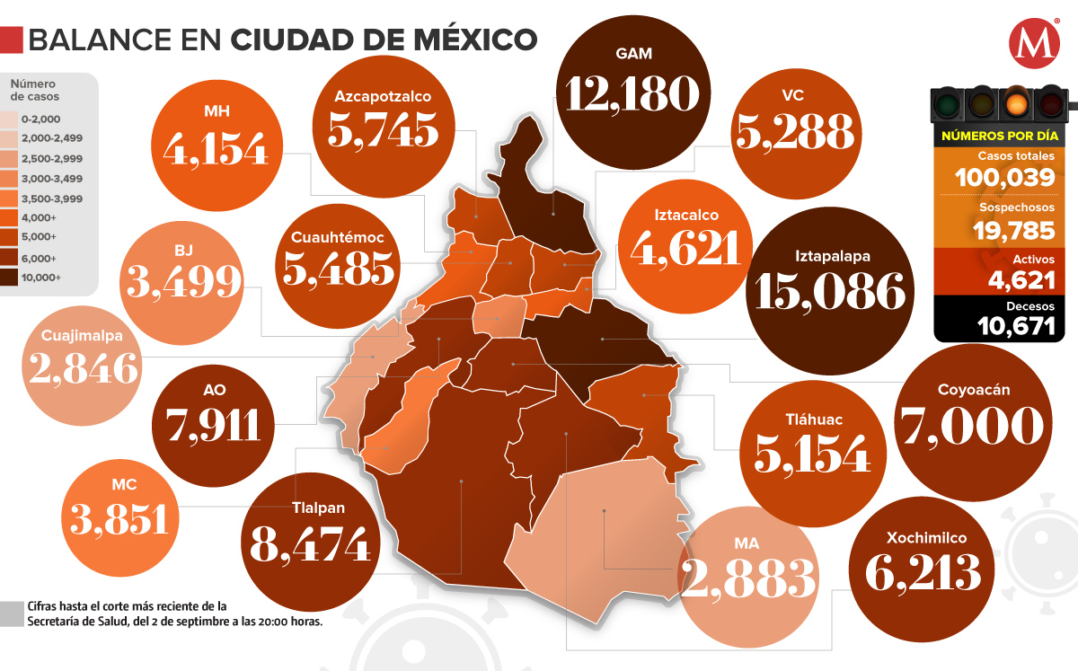 Mapa de casos acumulados de coronavirus en CdMx al 2 de septiembre.