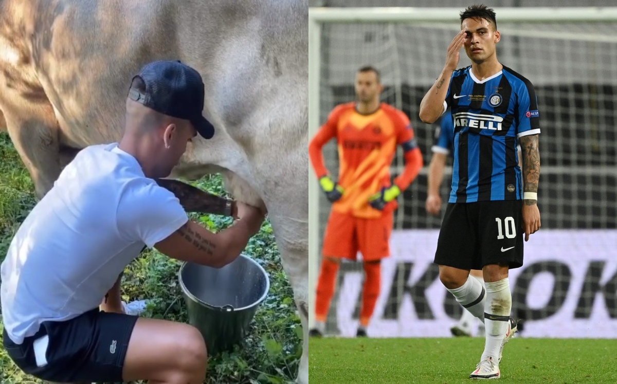 La divertida reacción de Lautaro Martínez mientras ordeñaba una vaca (Instagram @agus.gandolfo / Reuters)