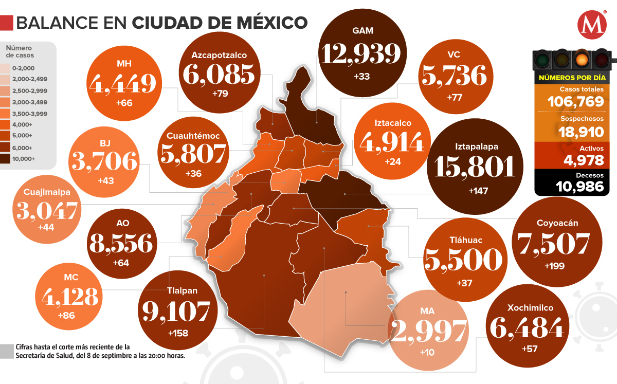 Mapa de casos de coronavirus en la CdMx al corte del 8 de septiembre.