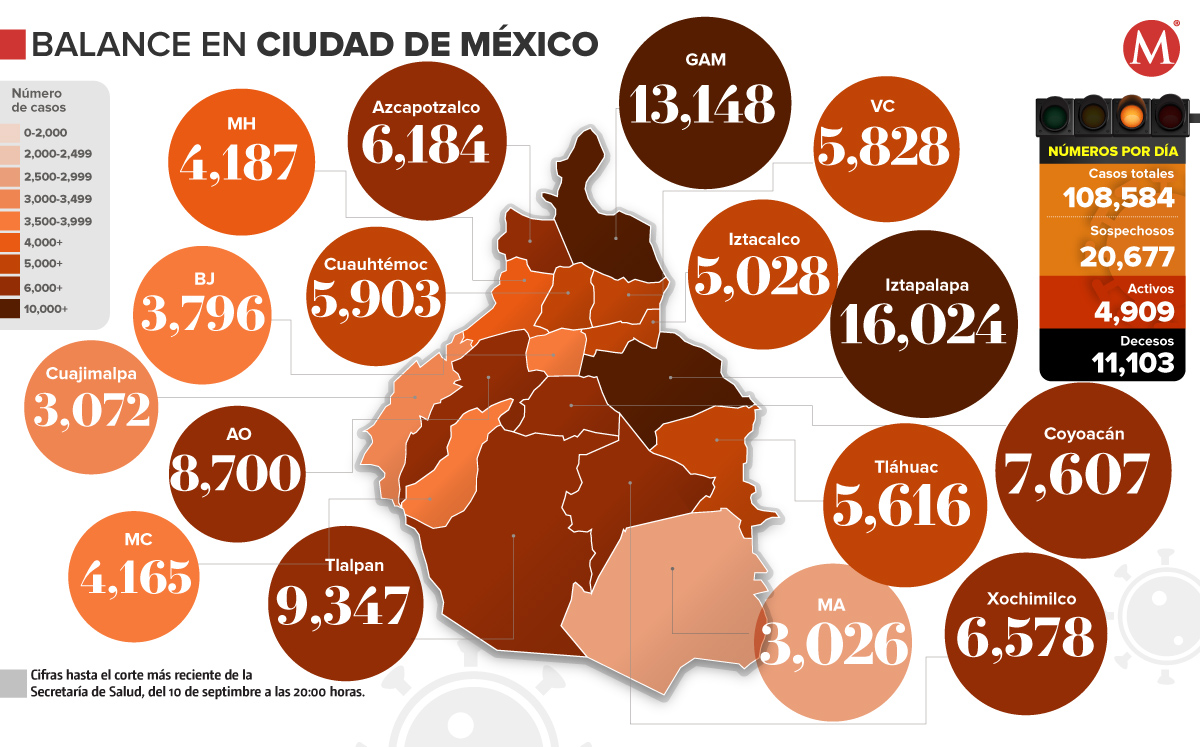 Mapa de coronavirus de CdMx al corte del 10 de septiembre.