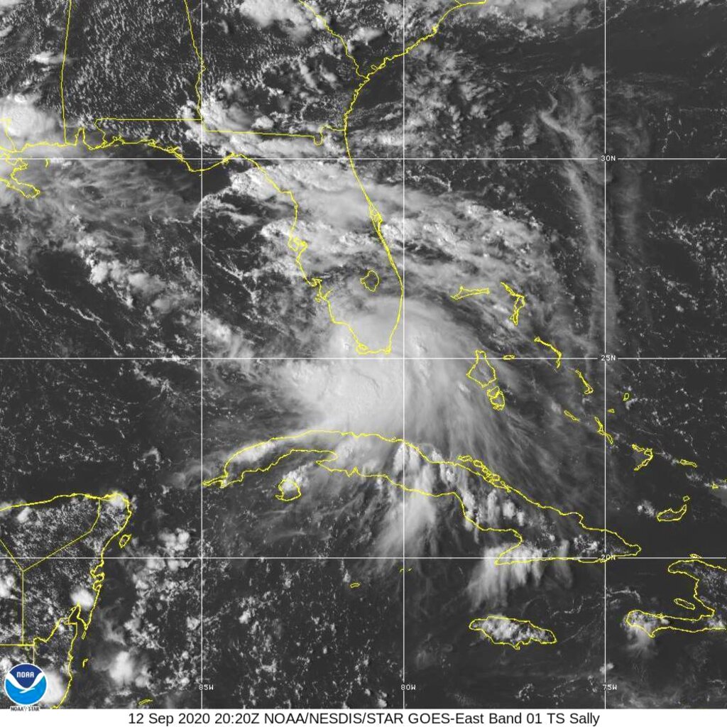 La tormenta tropical Sally en vista desde satélite hasta el 12 de septiembre de 2020. (AP)