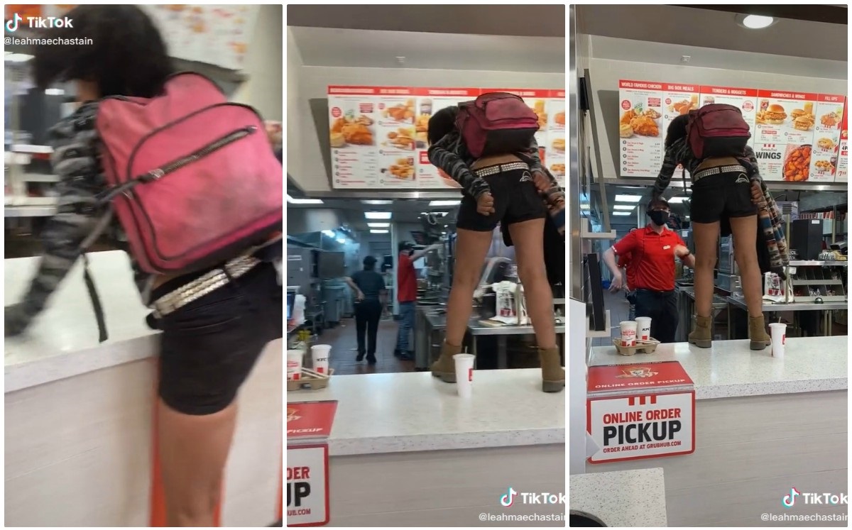 La mujer se subió al mostrador para insultar al personal y patear objetos. (Especial)