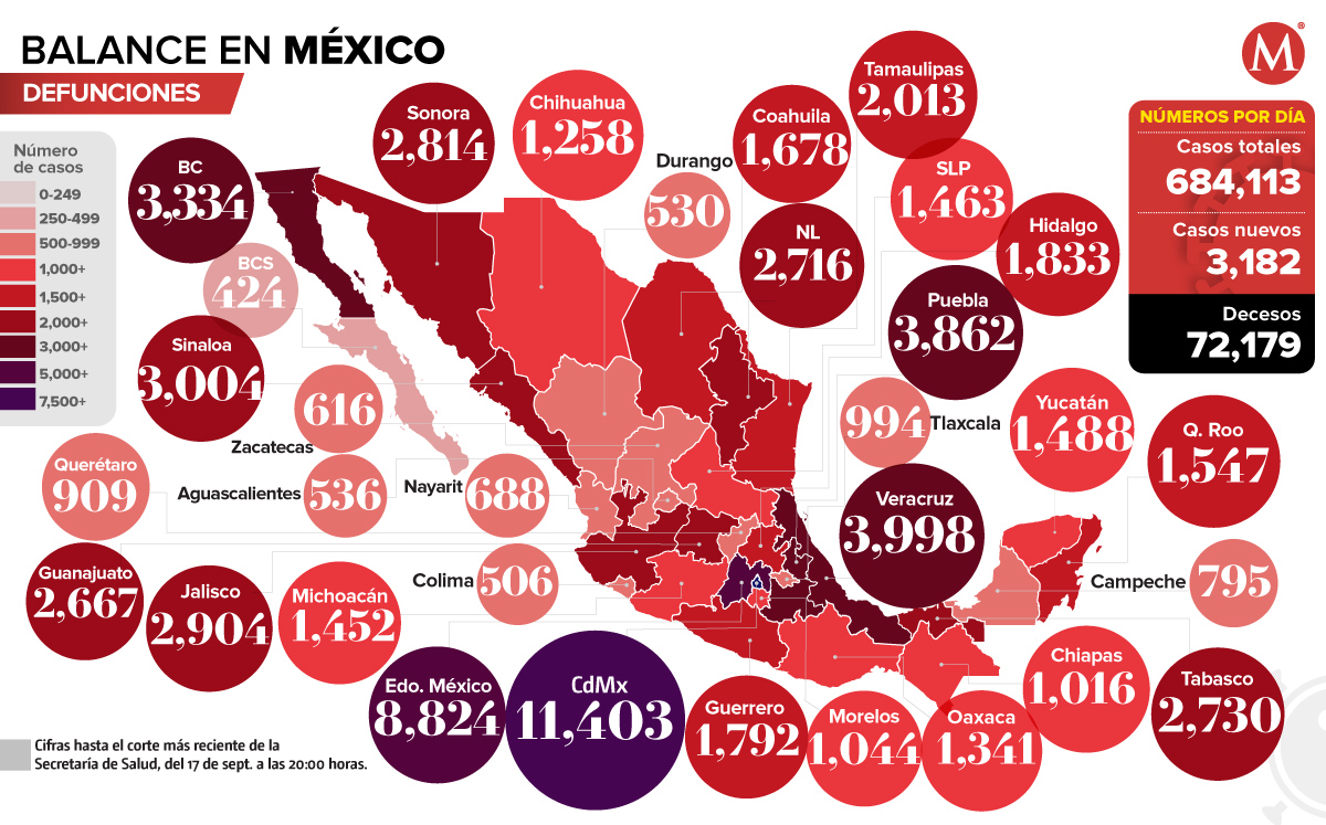 Mapa de defunciones por coronavirus en México al 17 de septiembre.