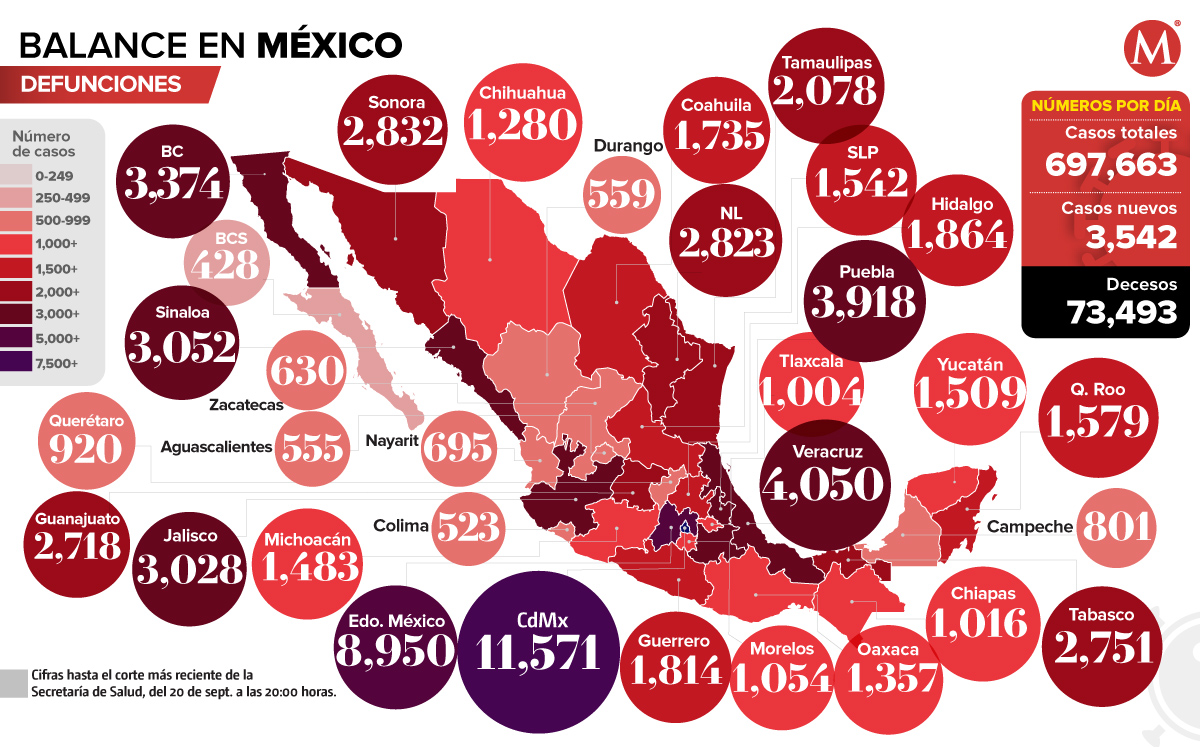 Mapa de defunciones por coronavirus en México al 20 de septiembre de 2020.