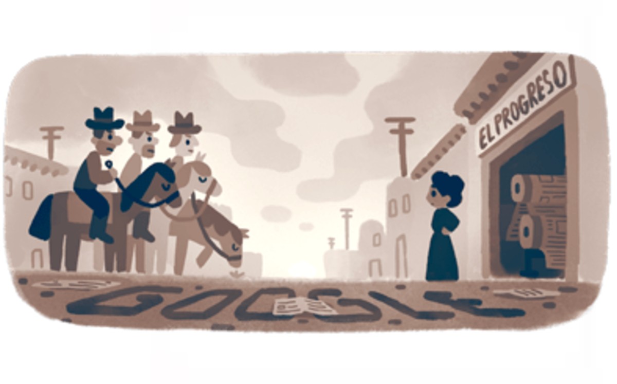 Jovita Idár plantándose frente al periódico en el que trabajaba para evitar que fuera quemado debido a un artículo publicado por ella (Google).