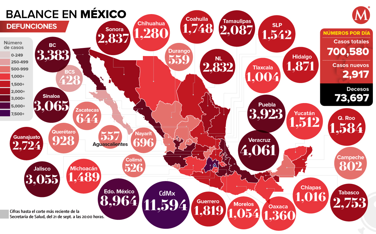 Mapa de defunciones por coronavirus en México al 21 de septiembre de 2020.