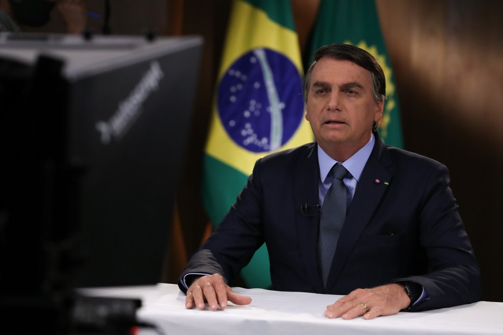 El presidente Jair Bolsonaro frente al prompter para dictar su mensaje ante la Asamblea General del la ONU. (AFP)