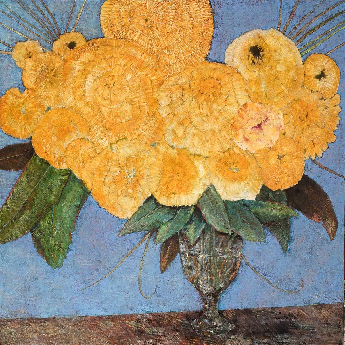 Florero de copa con flores amarillas, óleo sobre tela, 140 x 140 cm, 2017.