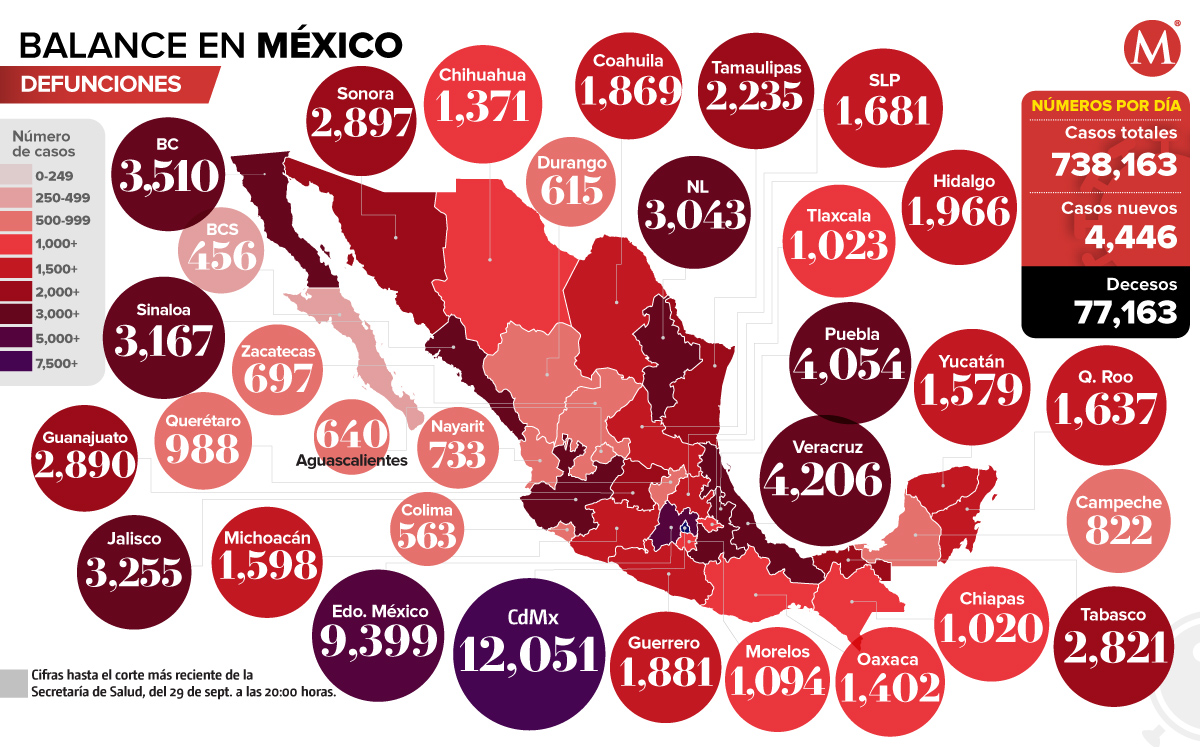 Mapa de defunciones por coronavirus en México al 29 de septiembre de 2020.
