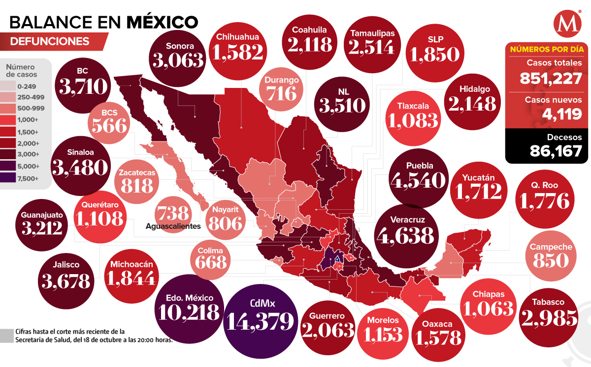 Mapa de defunciones por coronavirus en México al 19 de octubre de 2020.