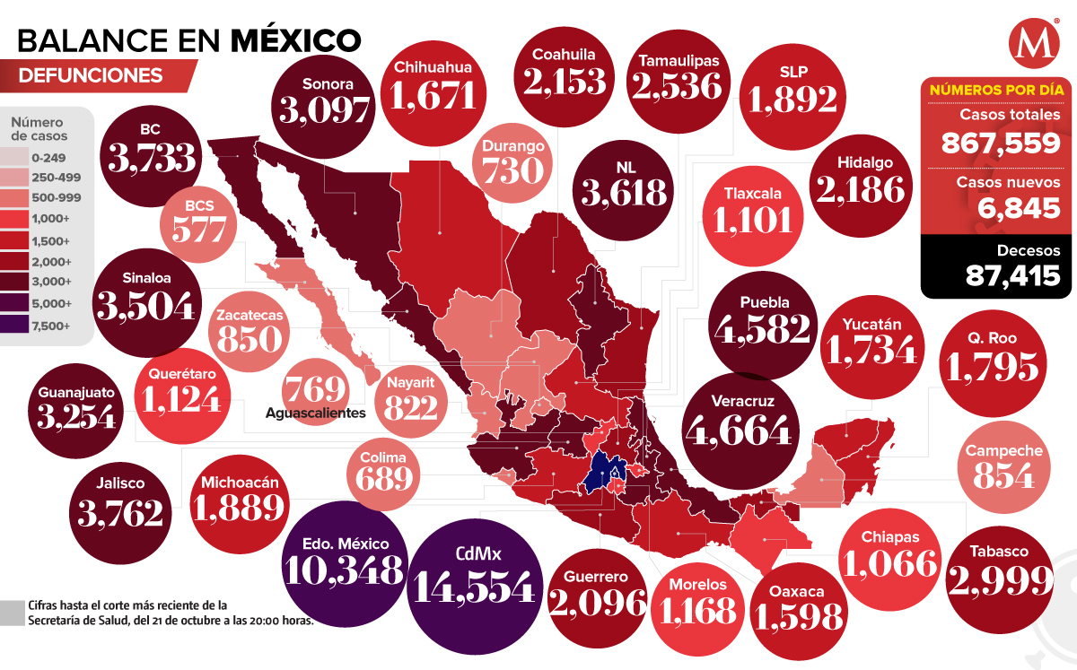 Mapa de defunciones de coronavirus en México al 21 de octubre de 2020.
