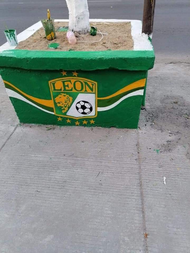 Aficionados del Club León decoran jardineras de tianguis La Pulga