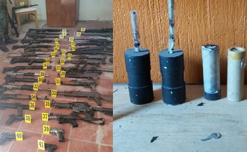 En el lugar se aseguraron 31 armas largas, seis armas cortas, seis mil 310 cartuchos y 335 cargadores y explosivos. (Cortesía)