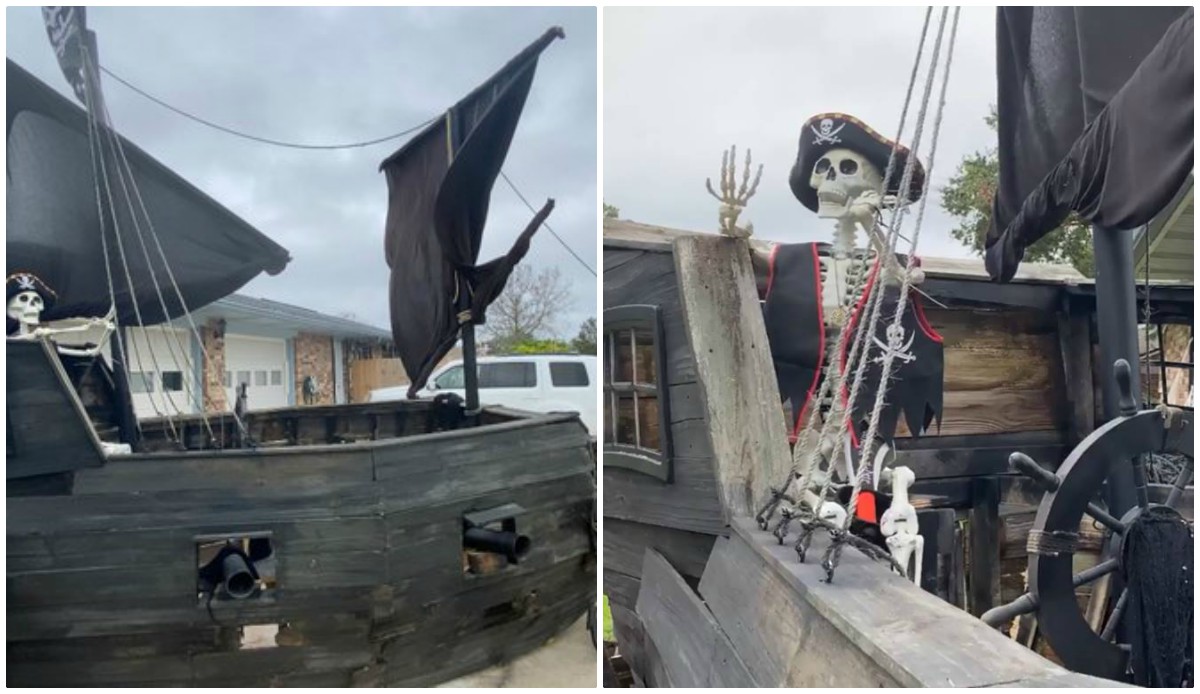 Hombre crea barco pirata con escombros de huracán (Especial/Twitter: WFLA News).