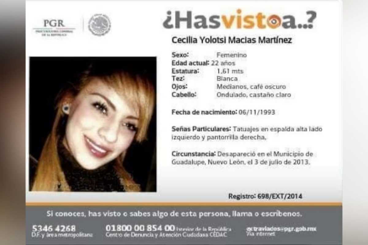 Cecilia Yolotsi Macías desapareció en 2013 en el municipio de Guadalupe. Foto: Especial.