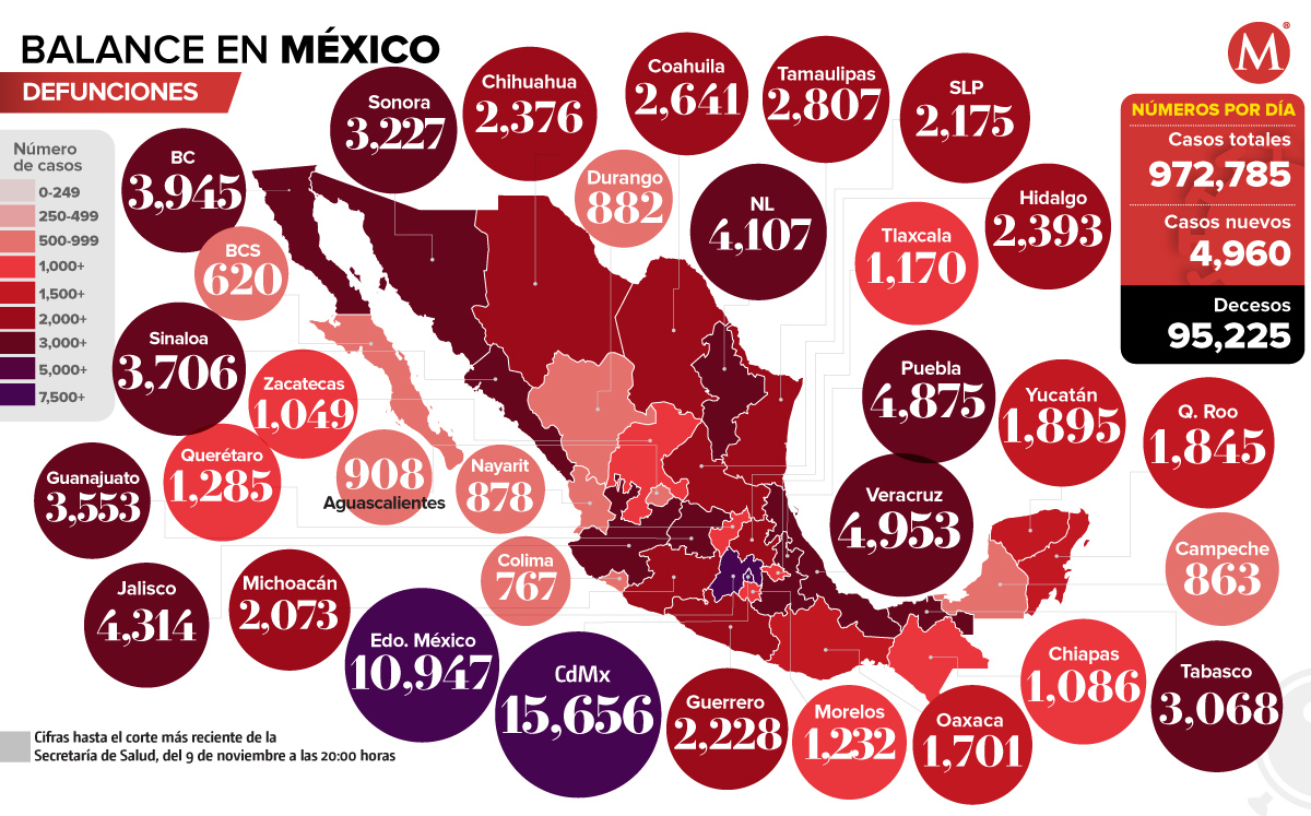 Mapa de defunciones por coronavirus en México al 9 de noviembre.
