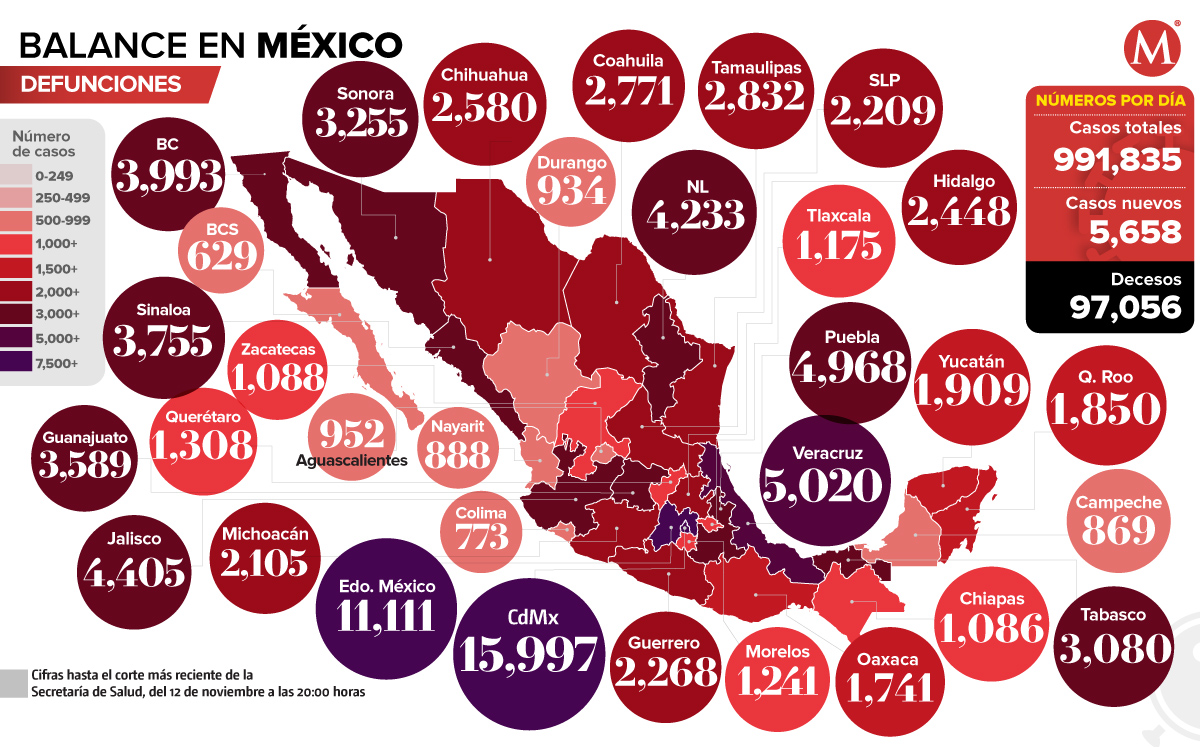Mapa de defunciones por coronavirus en México al 12 de noviembre.