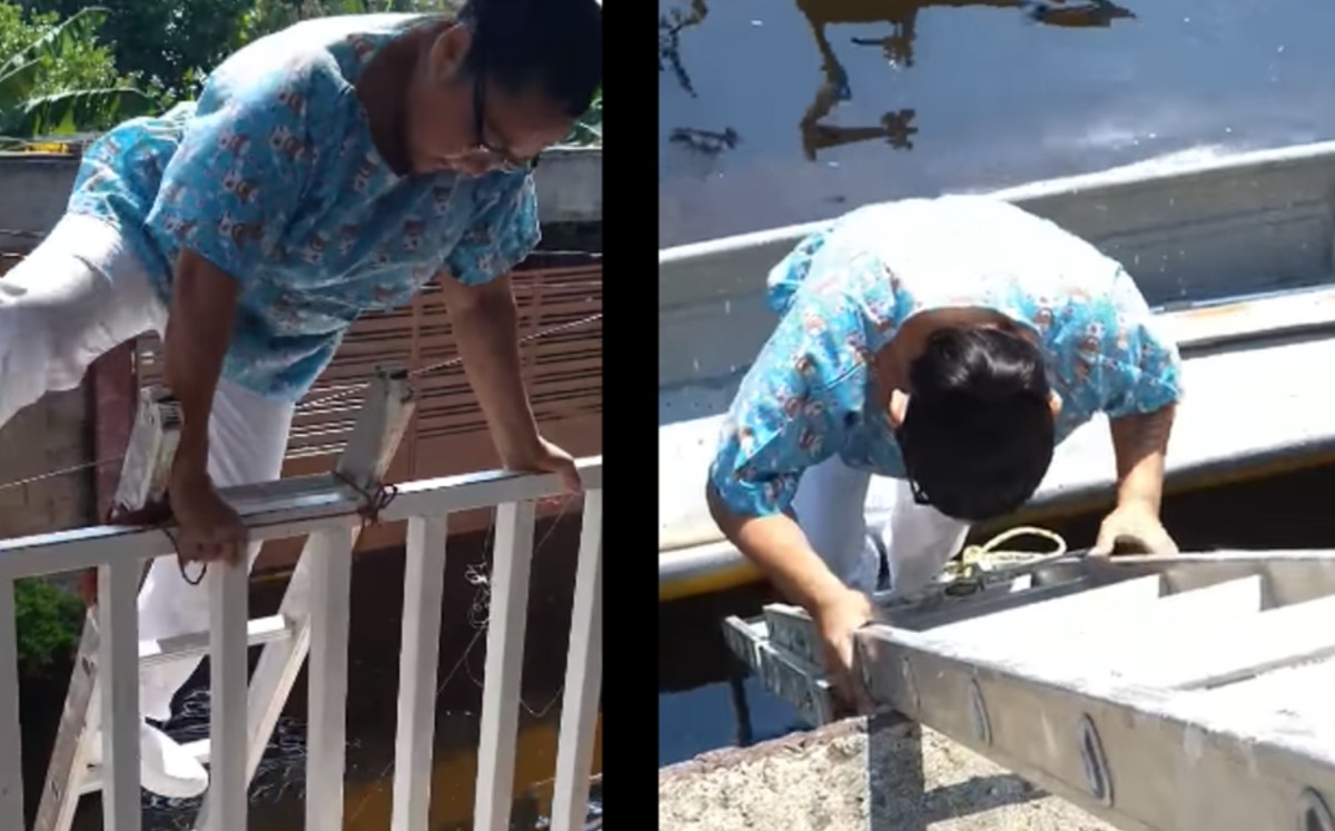 Sin importar la inundación, mujer enfermera va a su trabajo en lancha. (Captura)