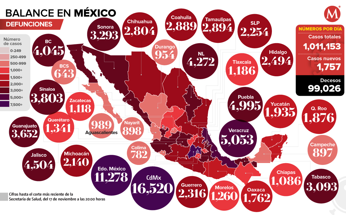 Mapa de muertes por coronavirus en México al 17 de noviembre.