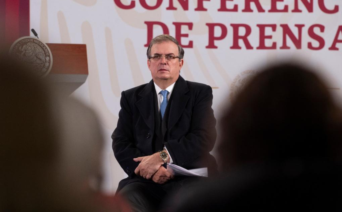 El secretario de Relaciones Exteriores durante la conferencia de hoy en Palacio Nacional. (Cortesía)